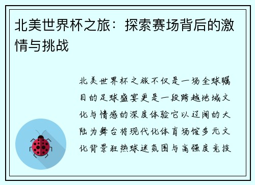 北美世界杯之旅：探索赛场背后的激情与挑战